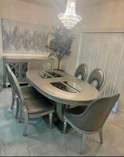 Glam Metallic Silver Oval Dining Room Set (Table + 6 Chairs)