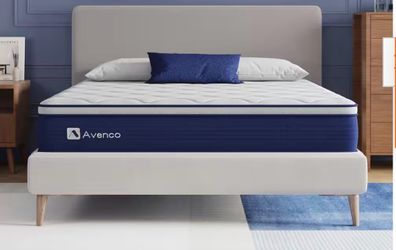 Queen Bed Set – Avenco Memory Foam Mattress + Upholstered Platform Bed Frame (Excellent Condition)