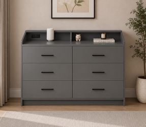 NEW Gray 6-Drawer Dresser with LED Lights & Charging Station