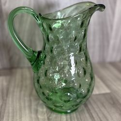 Vintage Blenko Green Hobnail Pitcher Art Glass Dimpled Hand Blown