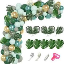 Amandir 151Pcs Jungle Safari Balloon Garland Kit, Metallic Green Gold Tropical Balloons Arch Artificial Palm Leaves for Animal Dinosaur Two Wild One B