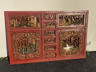 19th-century Chinese Red Lacquered & Gilt-carved Wood Wall Panel