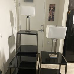 2 Glass End Tables With 2 Lamps And Glass Middle Table 