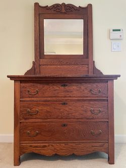Antique 1893 Oak Dresser with Mirror – Solid Wood