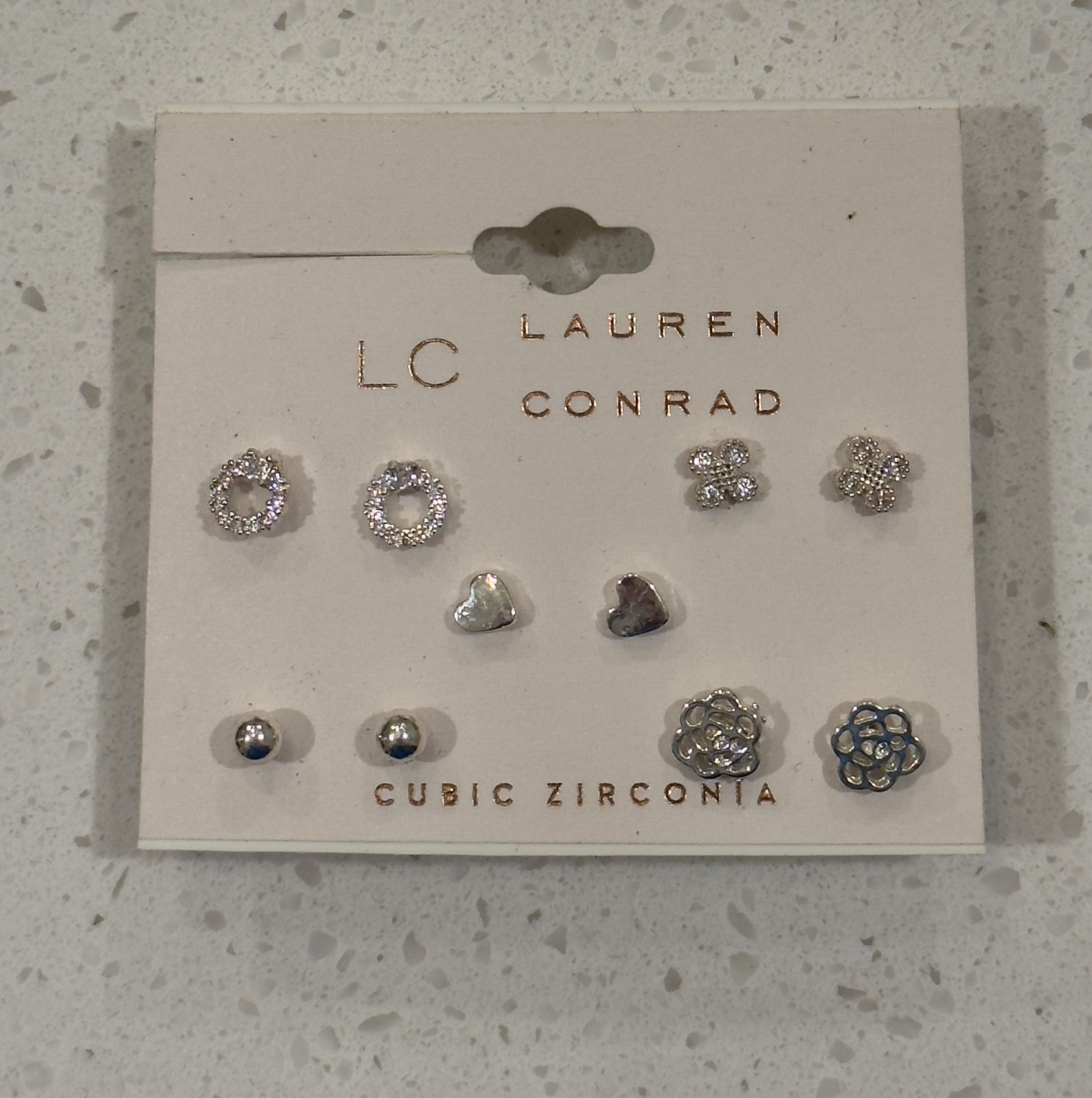 NEW LC Lauren Conrad 5 Pair Stud Earring Set Silver Color Hearts Flowers Etc