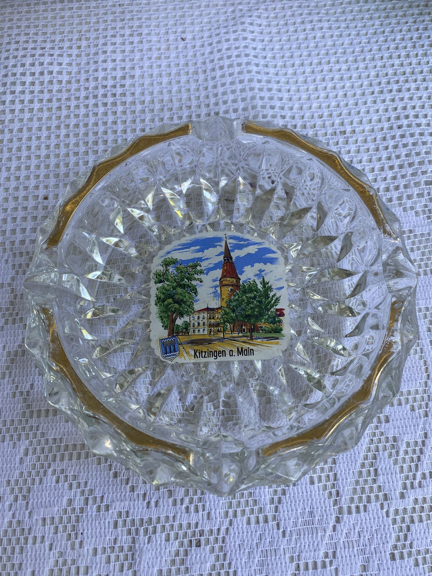 Collectible Vintage Kitzingen a. Main Germany Cut Glass Ashtray, Gilded Rim, Heavy HTF Rare!