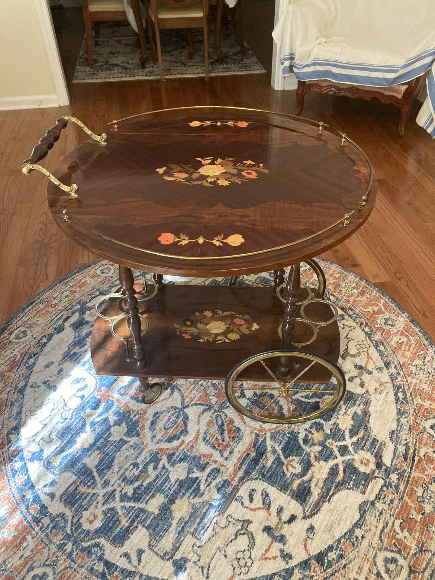 Italian Marquetry Lacquered Drop Leaf Walnut and Brass Coffee / Tea / Bar Cart MCM Antique