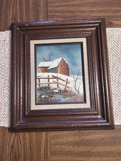 Everett Woodson Winter Barn Framed Canvas Oil Painting