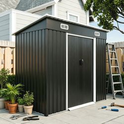 8x4ft Metal Shed, Sliding Door Galvanized Steel Shed with Lock Hole, Air Vents & Threshold, Outdoor Garden Tool Shed(7.84*4.04 FT)
