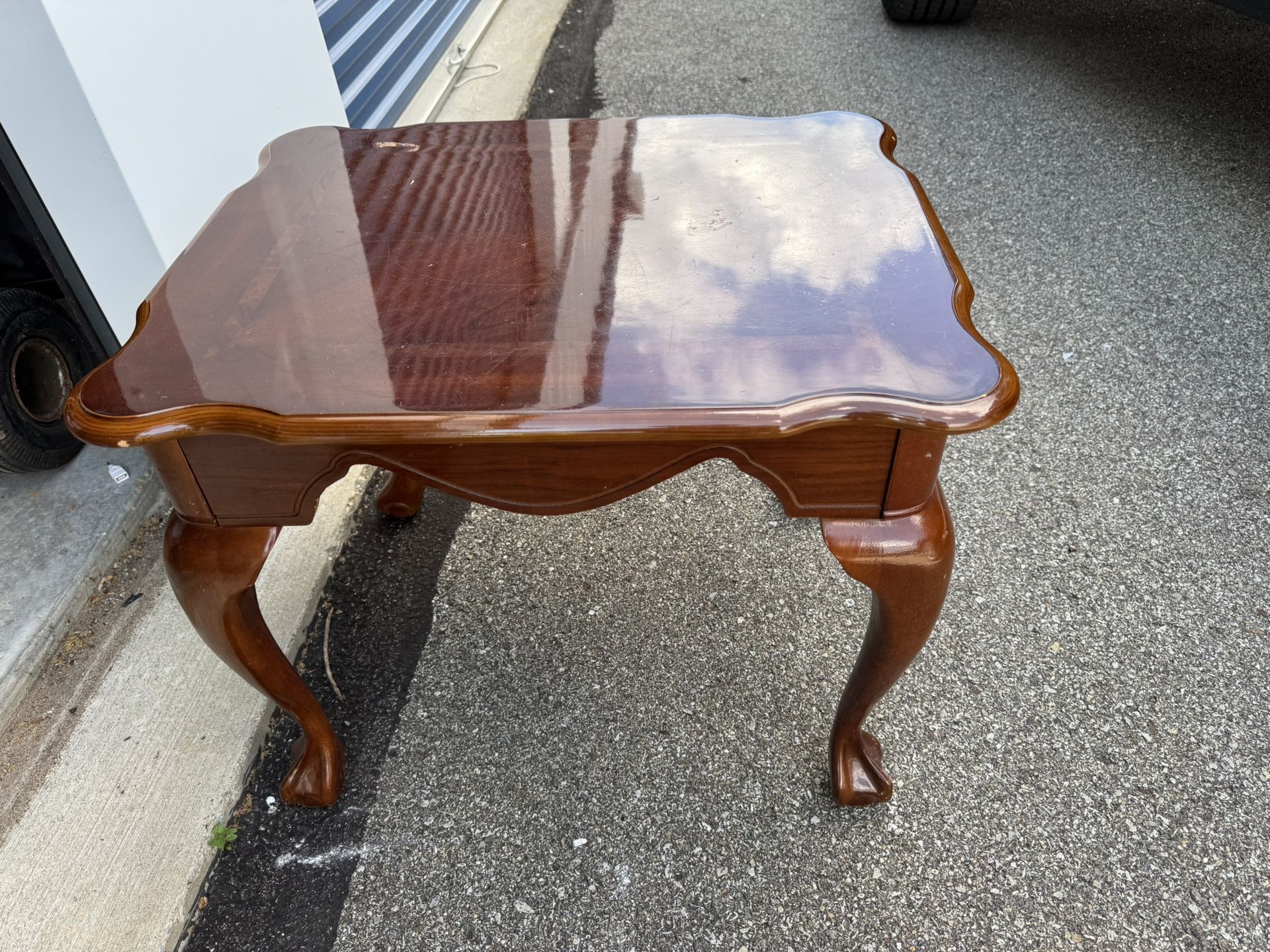 Wooden End Table , Needs Refinishing 21 1/4” wide 26 1/4” deep 21 1/4” tall
