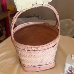 Light Pink Woven Basket with Rabbit Handle