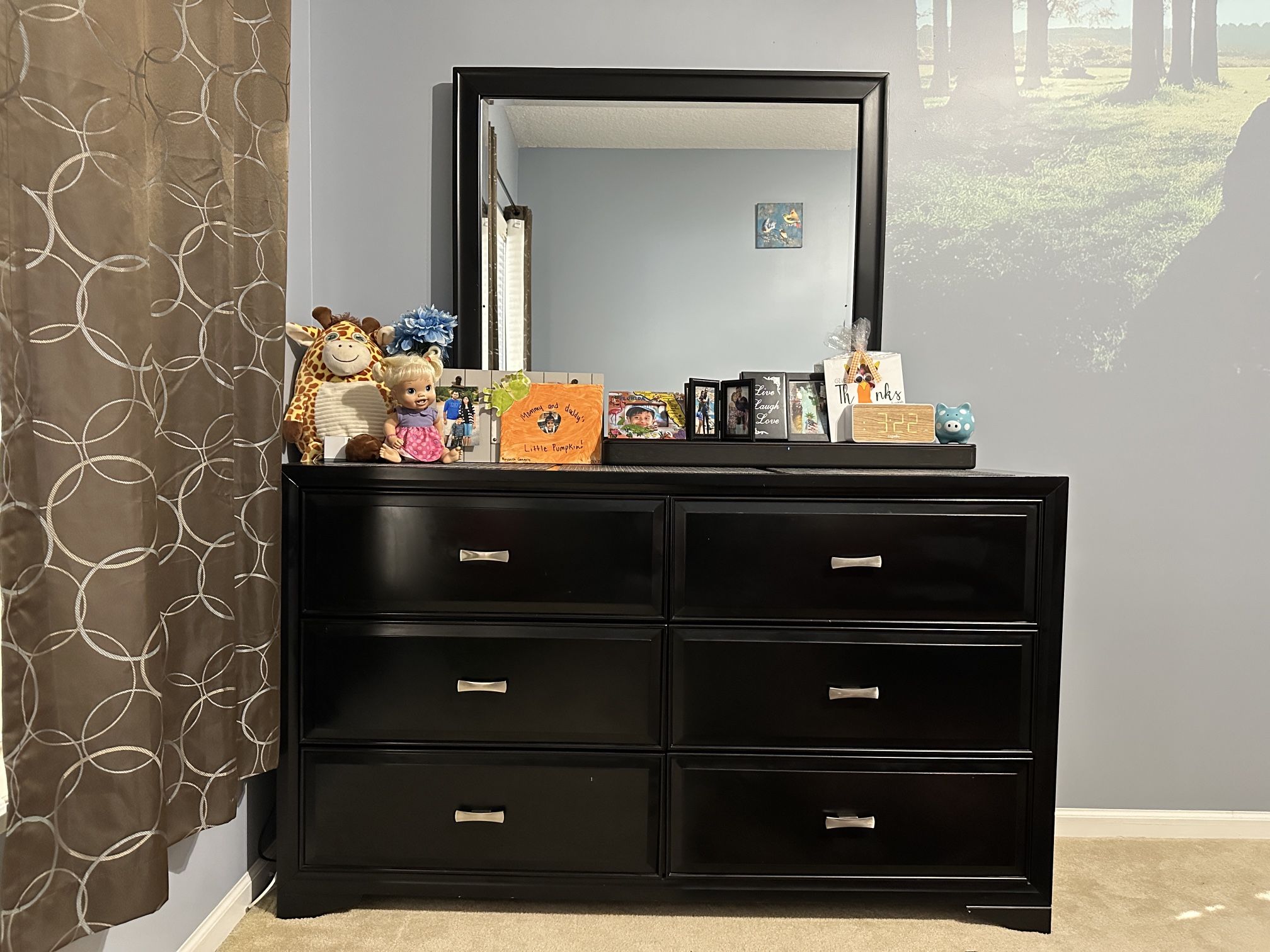Bed with Frame, Spring Box And Dresser With Mirror