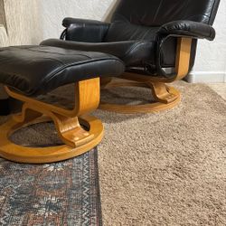 Black Leather  Recliner Chairs w/ Ottoman (Set of 2)