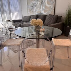 Glass Round Coffee Table +4 Ghost Chairs + Console Table