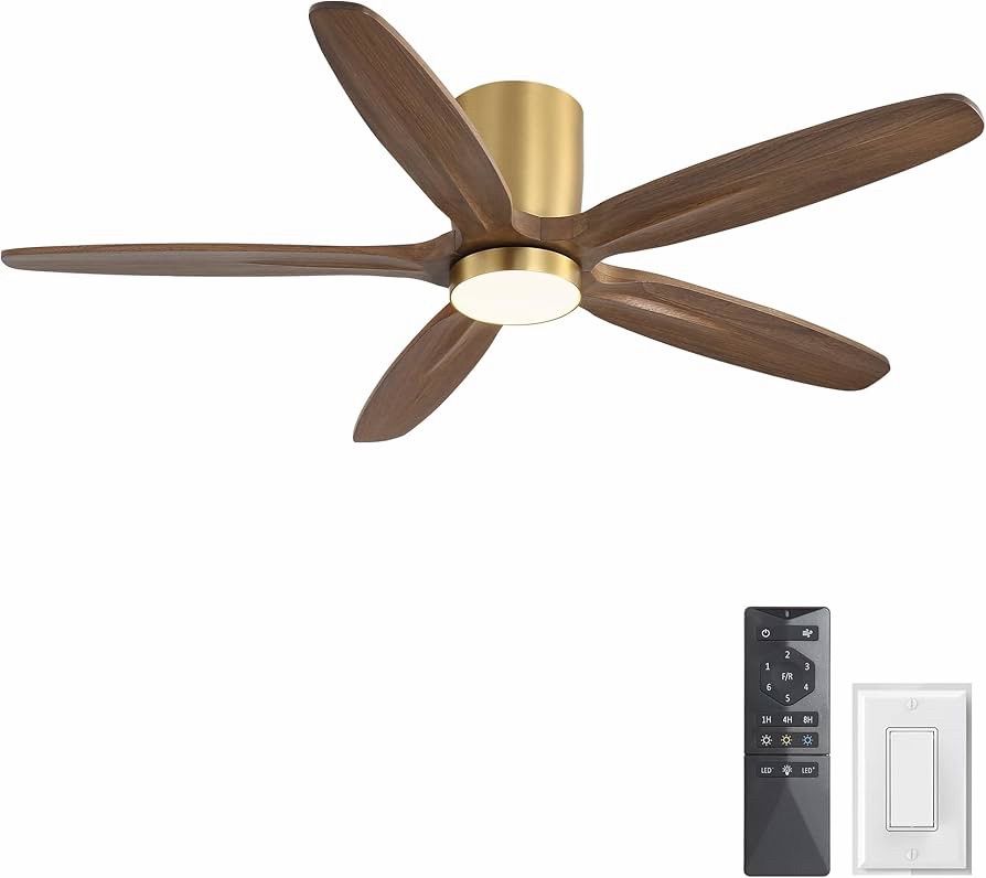 54" Flush Mount Ceiling Fan with Light - 5 Carved Solid Wood Blades, 6-Speed Reversible DC Motor, Dimmable, 3CCT, Low Profile Ceiling Fans with Lights
