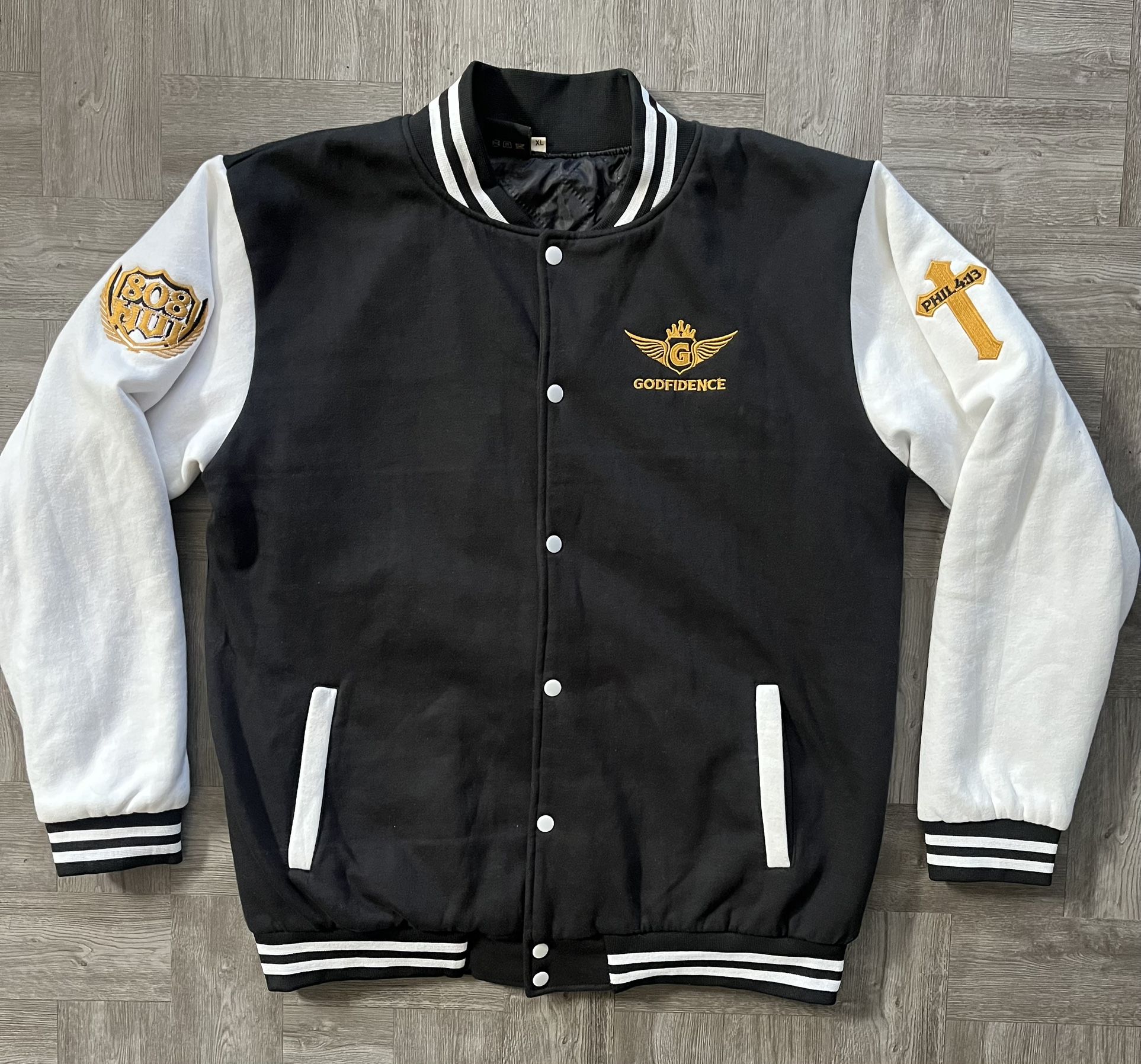 GODfidence Logo Black Letterman’s Button Up Jacket Men’s XL Black God 808