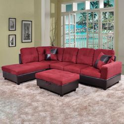 Red Sectional Couch Set And Ottoman
