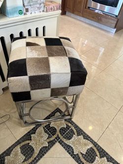 Mohair Cowhide Ottoman Leather Stool With Steel Chrome Base