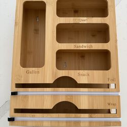 Storage Bag Organizer with Foil and Plastic Wrap Organizer , Aluminum Foil Dispenser with Cutter, Bamboo 6 in 1 Baggie Organizer Suitable for Gallon,