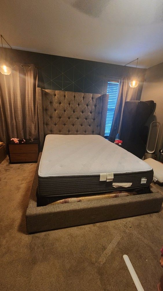 Grey Upholstered Queen Bed Frame