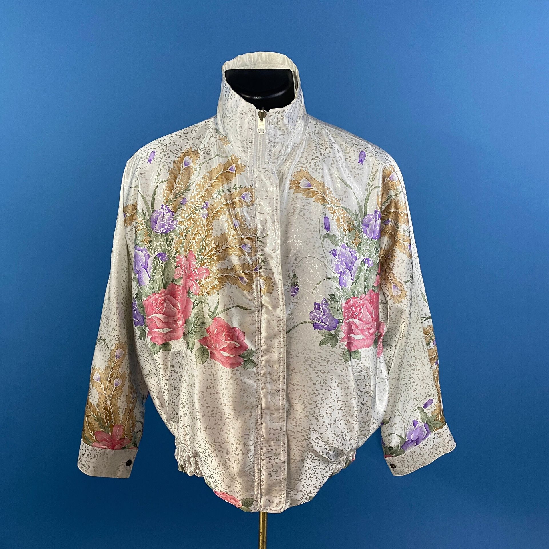 Vintage 1980's // Reversible Satin Floral Bomber Jacket multi Color Metalic