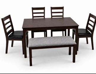 NEW - 6-Piece Dining Set - Solid Acacia Wood Upholstered Bench - Espresso