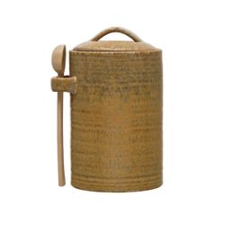 {ONE} Stoneware 24 qt. Kitchen canister. Overall: 7.25” H x 4.5” W x 4.5” D. Color: mustered. MSRP: $37. Our price: $24 + Sales tax