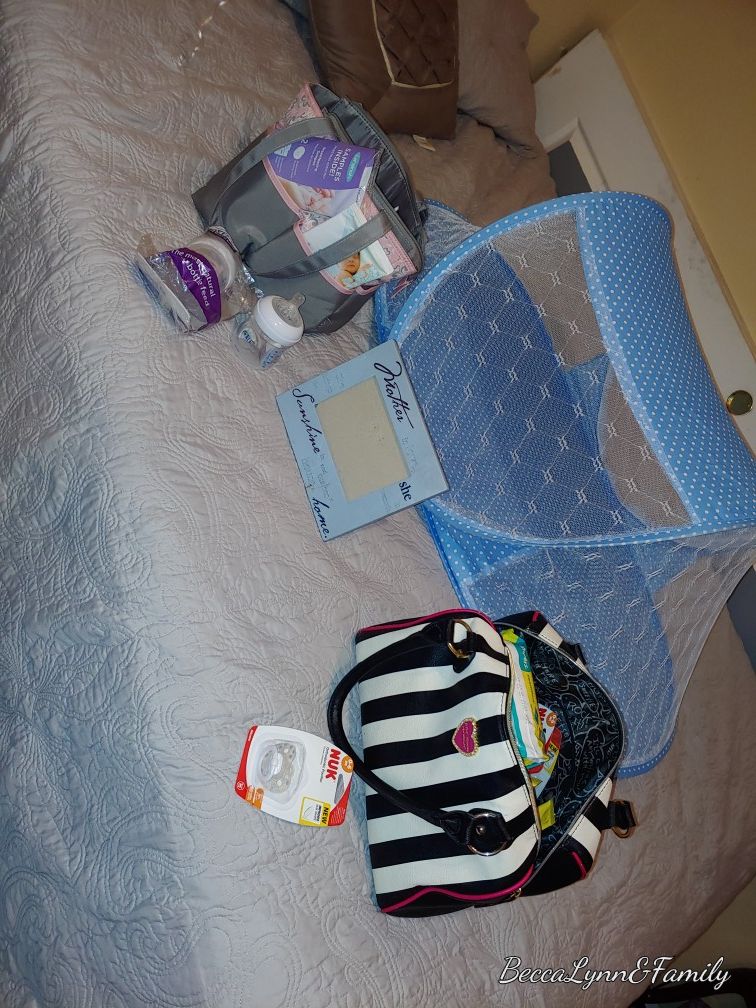 Size 1 pampers diapers, diaper bag,Betsey Johnson purse first-time mommy ,Essentials bottles ,baby protector