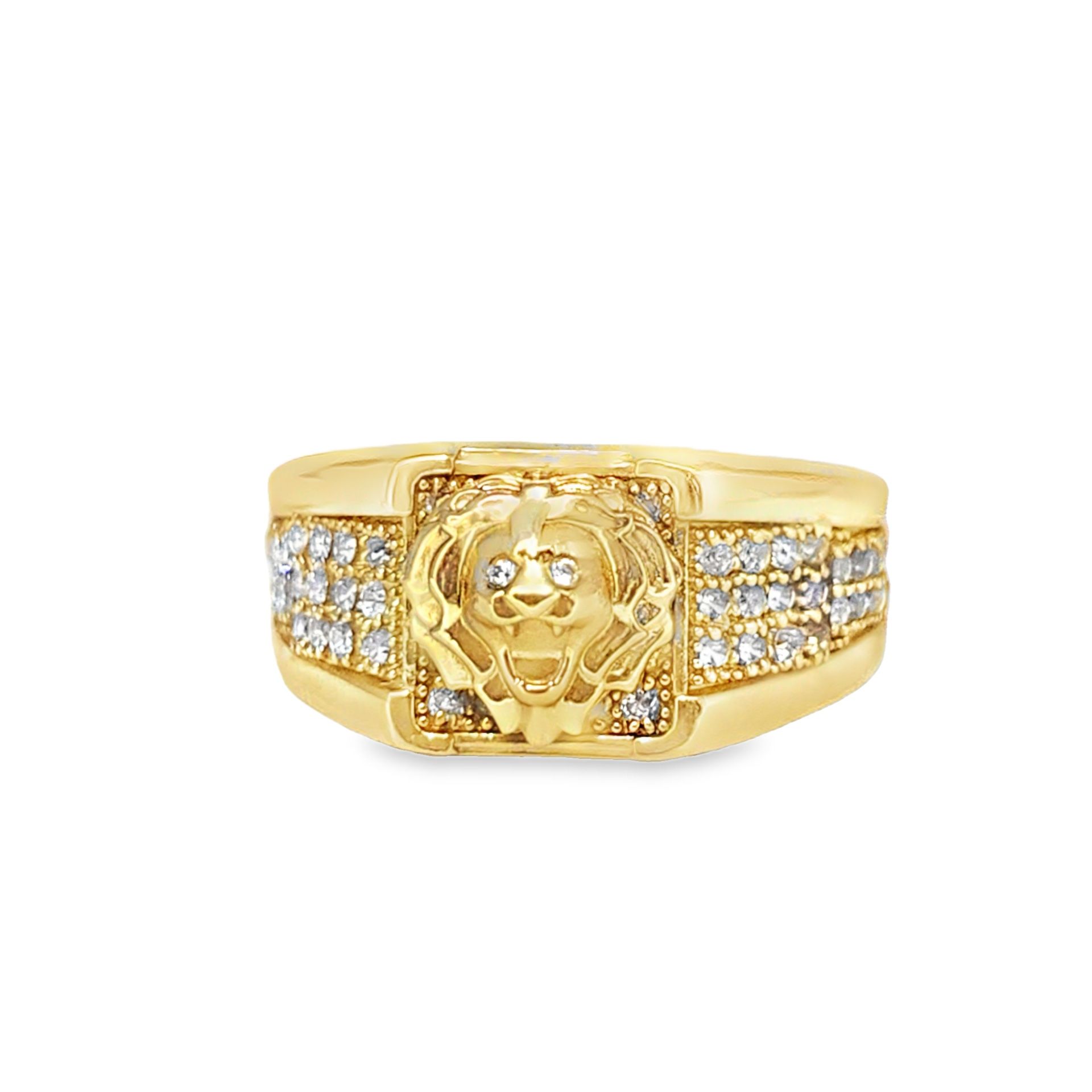 10k Yellow Gold Lion Signet Ring with Round Cut 
