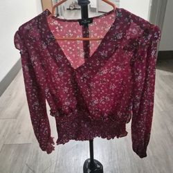 Vintage Milk & Honey Women's L  Burgundy & Floral Long Sleeve Top