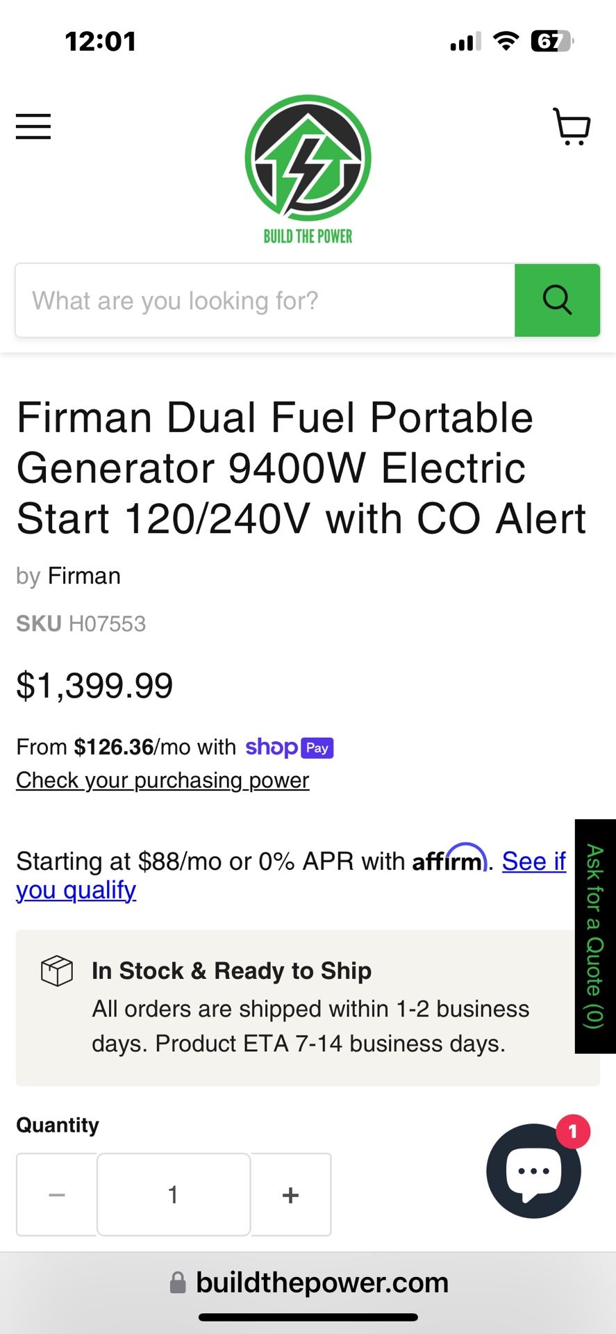 FIRMAN T08071 tri fuel 9.400Watt Portable generator ability to run off of gasoline, propane, or natural gas with an electric starter