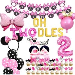 Minnie Mouse Oh Twodles Balloons Pink Second Birthday Cake Topper 2nd Banner Party Supplies Decorations Photo Prop for Girl Baby Bday

