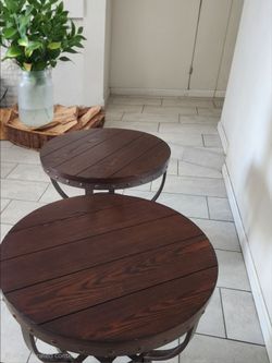 Rustic corner round table set of two wood top  and wrought Iron frame