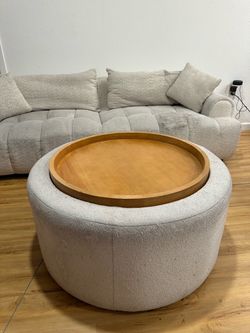 Round Boucle Storage Ottoman Coffee Table with Wood Tray Top