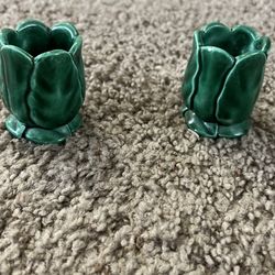 Vintage Green Ceramic Tulip Votive Holders