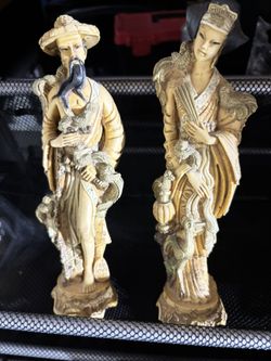 Pair of Asian Emperor and Empress Resin Statues, Antique Vintage