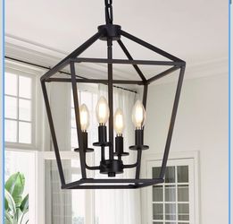 4 Light Chandelier, Industrial Ceiling Light Black Lantern Light Fixtures with Farmhouse Metal Cage Adjustable Height Rustic Geometric Hanging Light E