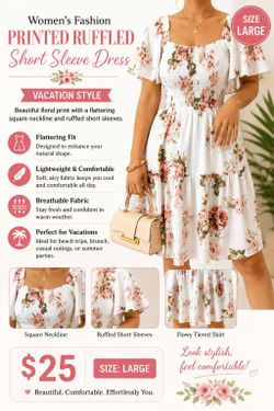 Women's Floral Ruffled Short Sleeve Dress – Large