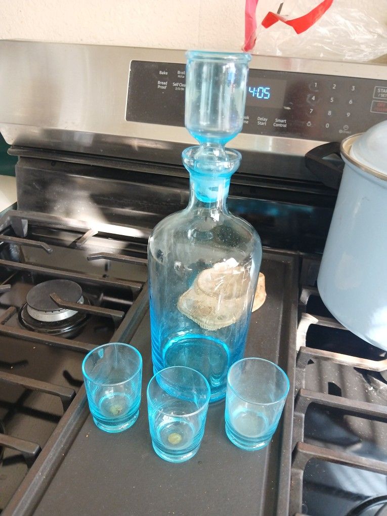 Antique Blue Glass Bottle, with Glasses