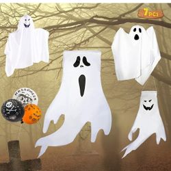DraMosary 2pcs Halloween Hanging Ghosts 2pcs Halloween Cute Flying Ghost Windsocks 3pcs Balloons for Halloween Outside Decorations, Party Porch Outdoo