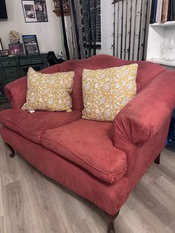 Red Suede Loveseat with Queen Anne Legs