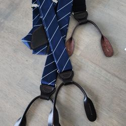 Tie Bar suspenders mens 1.25 navy/ silver with brown loops.