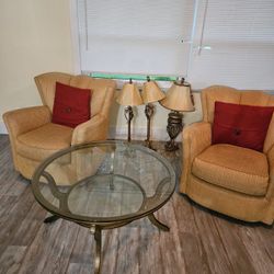 Comfy and stylish Upholstered Swivel Chairs , Large Glass Coffe Table 