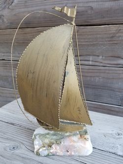 9-1/2" tall Metal brass color Nautical sailboat on stone
