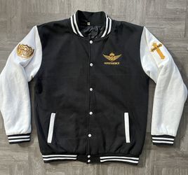 GODfidence Logo Black Letterman’s Button Up Jacket Men’s XL Black God 808