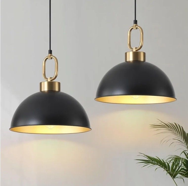 1236: New 12.2 Inch Farmhouse Pendant Light Fixture 2 Pack, Matte Black with Gold Handle Pendant Lights Kitchen Island, Adjustable
