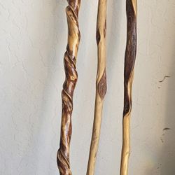 Lot Of 3 Handmade Arizona Twisted Wood Walking Sticks 48" To 54" Long With Bling