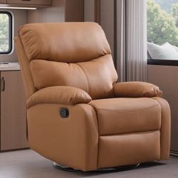 Khaki Compact Genuine Leather Recliner with 360° Swivel, Rocking Function & Ergonomic Design, Perfect for Small Living Areas