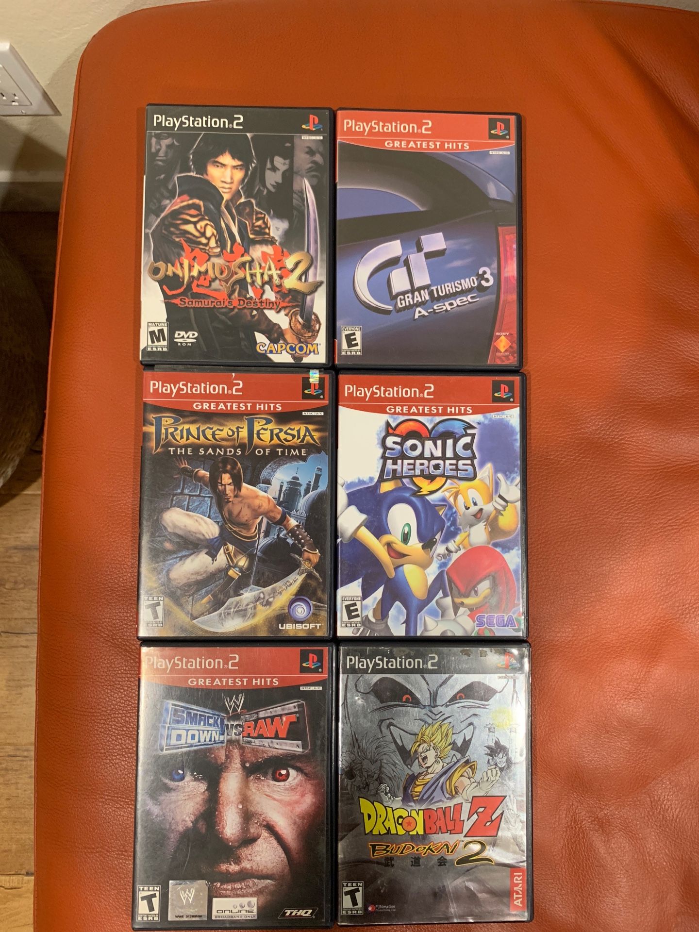 6 PlayStation 2 Games (Gran Turismo 3, Onimusha 2, Sonic Heroes, Prince of Persia, WWE, Dragonball Z)