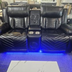 Brand New Black Bonded Leather Power Reclining Lovesat With Bluetooth Speakers, Subwoofer, USB